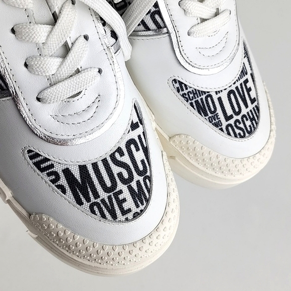 LOVE MOSCHINO Women's White Leather Low Top Trainers Sneakers Logo Fabric Sz 40 - Picture 9 of 16